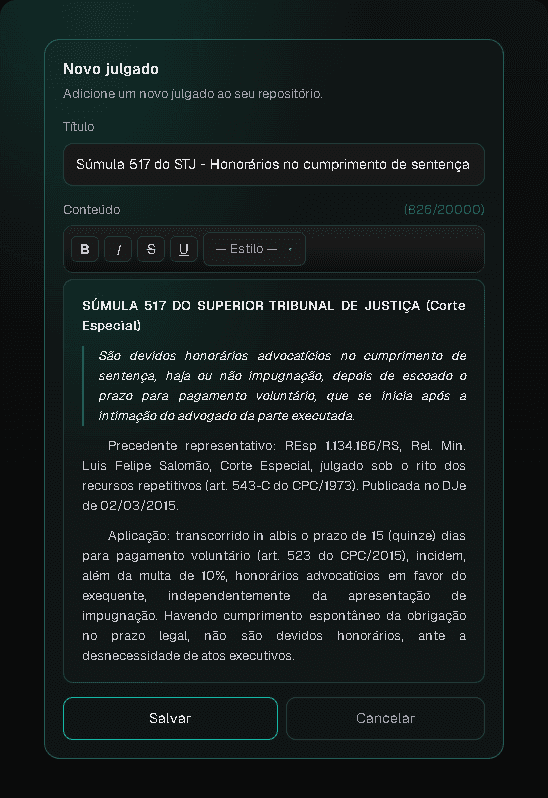 Formulário Novo julgado no iudex Painel