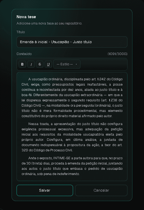 Formulário Nova tese no iudex Painel